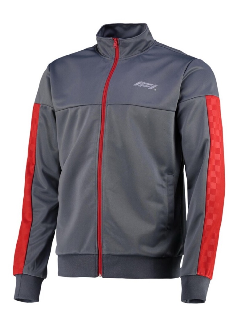 Official Formula 1 Checkered Sleeve Front Pocket Track Jacket Grey Red Men XS